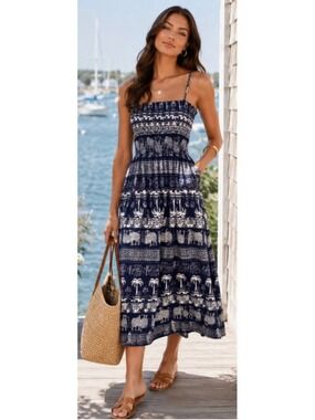New ISLA BONITA Navy White Elephant Print Smocked Midi Dress S